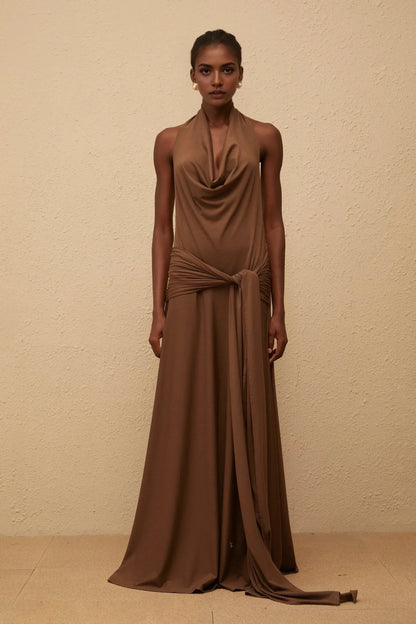 Brown Halter Neck Maxi Dress with Open Back Minna Brown Halterneck Twisted Maxi Dress Evening Dress by YiHuiw