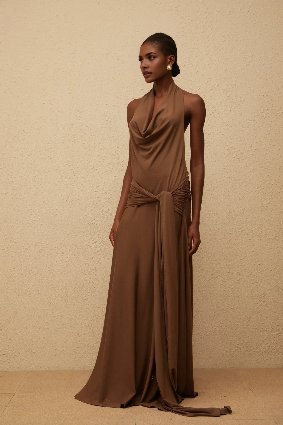 Brown Halter Neck Maxi Dress with Open Back Minna Brown Halterneck Twisted Maxi Dress Evening Dress by YiHuiw