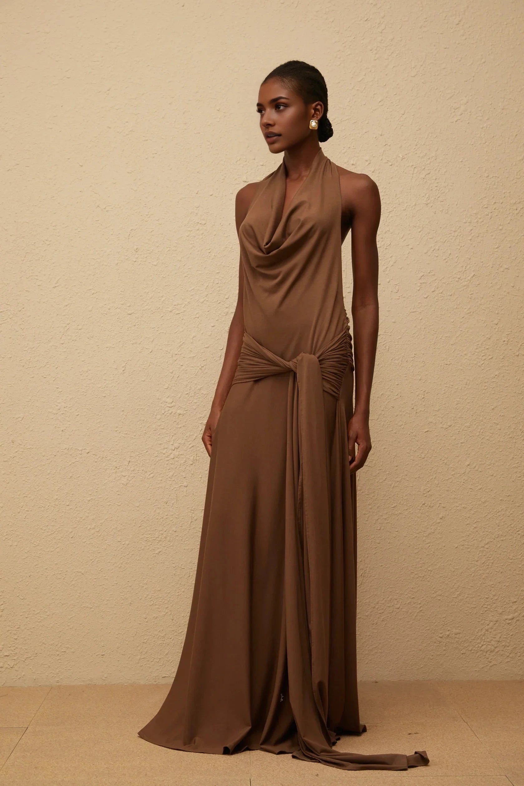 Brown Halter Neck Maxi Dress with Open Back Minna Brown Halterneck Twisted Maxi Dress Evening Dress by YiHuiw