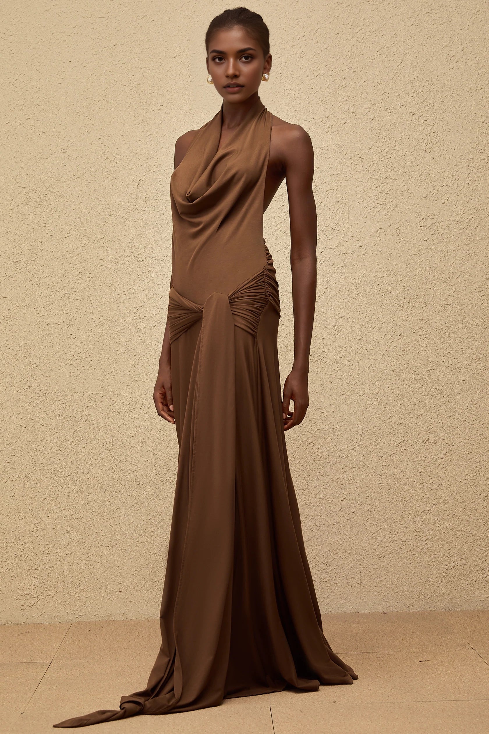 Brown Halter Neck Maxi Dress with Open Back Minna Brown Halterneck Twisted Maxi Dress Evening Dress by YiHuiw