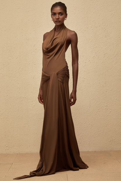 Brown Halter Neck Maxi Dress with Open Back Minna Brown Halterneck Twisted Maxi Dress Evening Dress by YiHuiw