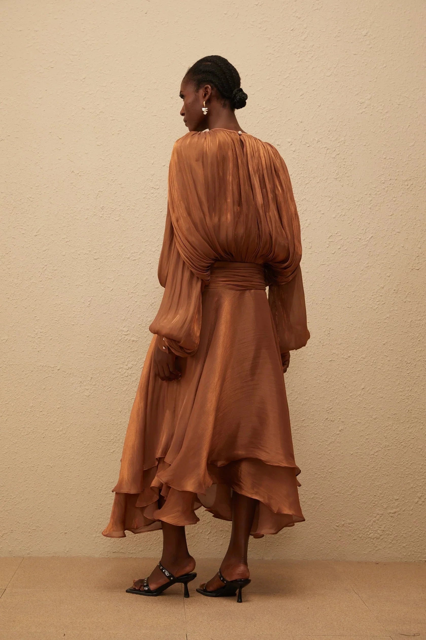 Brown Long Sleeve Midi Dress with Ruffled Hem Pleated Ruffle Maxi Dress in Brown Evening Dress by YiHuiw