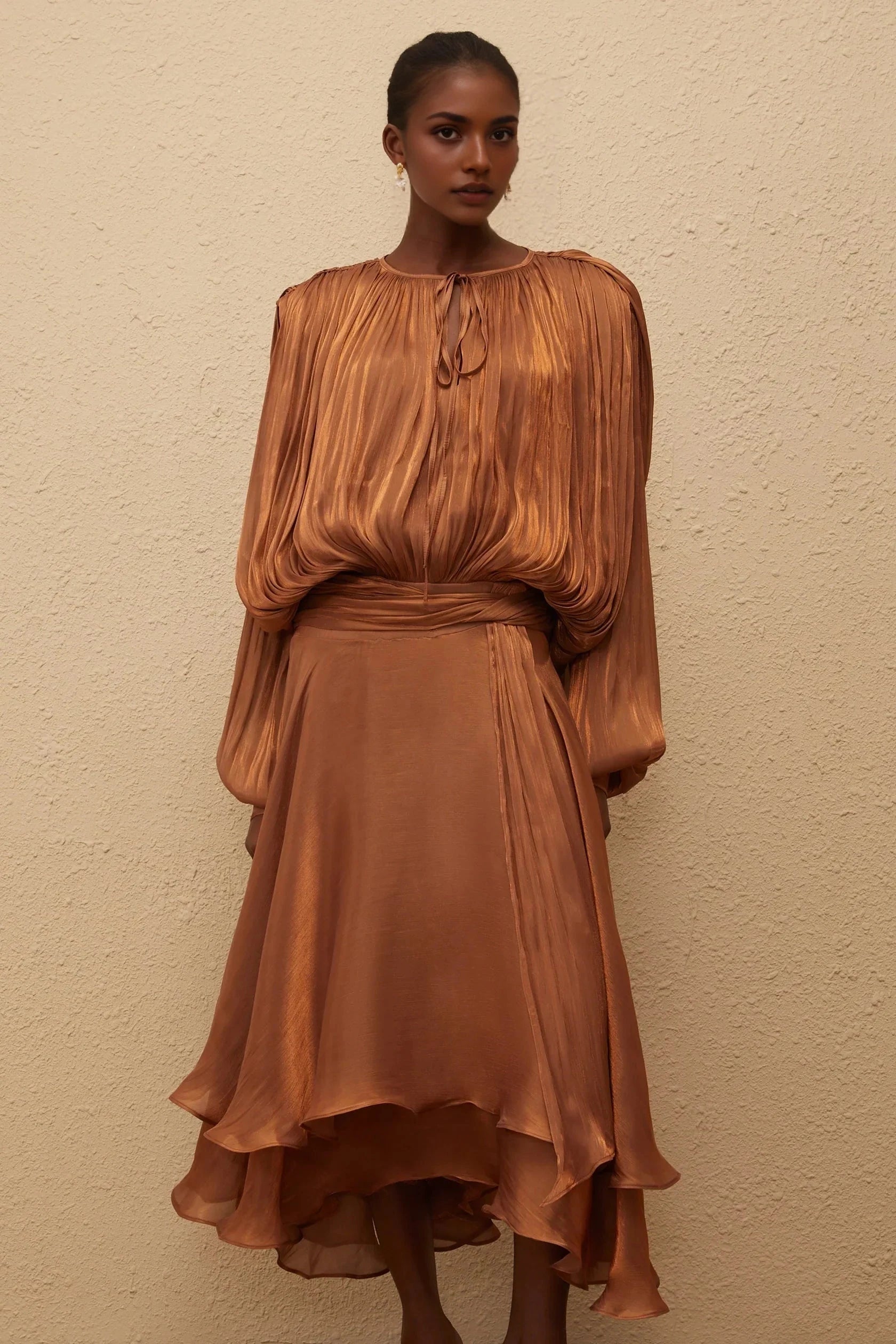 Brown Long Sleeve Midi Dress with Ruffled Hem Pleated Ruffle Maxi Dress in Brown Evening Dress by YiHuiw