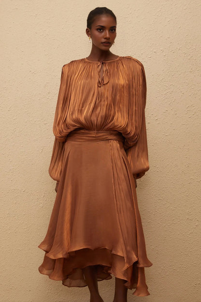 Brown Long Sleeve Midi Dress with Ruffled Hem Pleated Ruffle Maxi Dress in Brown Evening Dress by YiHuiw