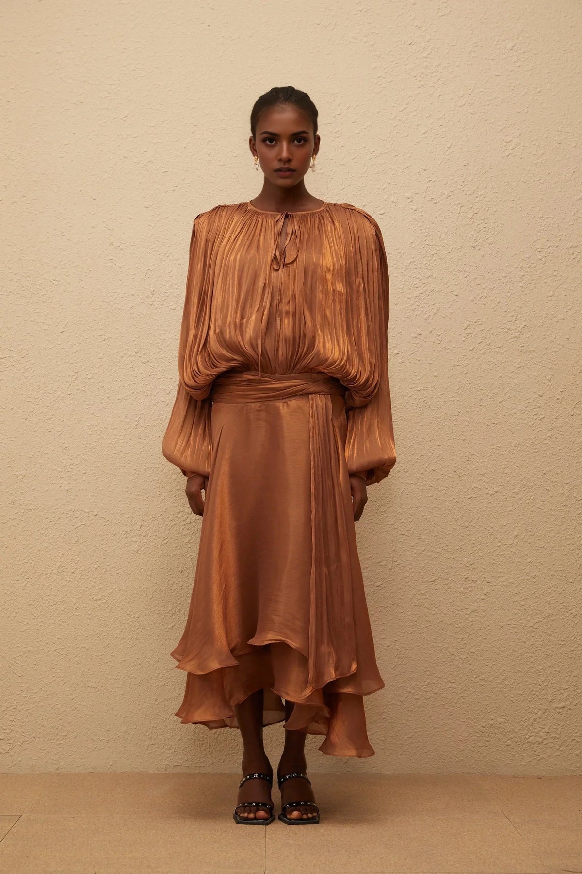 Brown Long Sleeve Midi Dress with Ruffled Hem Pleated Ruffle Maxi Dress in Brown Evening Dress by YiHuiw