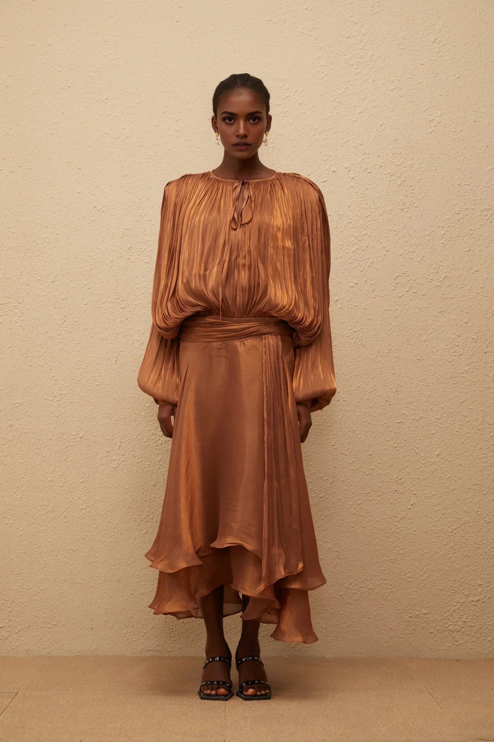 Brown Long Sleeve Midi Dress with Ruffled Hem Pleated Ruffle Maxi Dress in Brown Evening Dress by YiHuiw