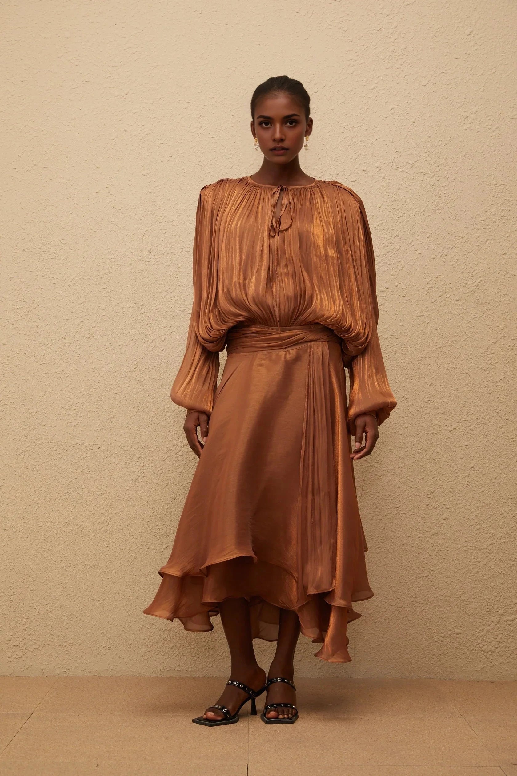 Brown Long Sleeve Midi Dress with Ruffled Hem Pleated Ruffle Maxi Dress in Brown Evening Dress by YiHuiw