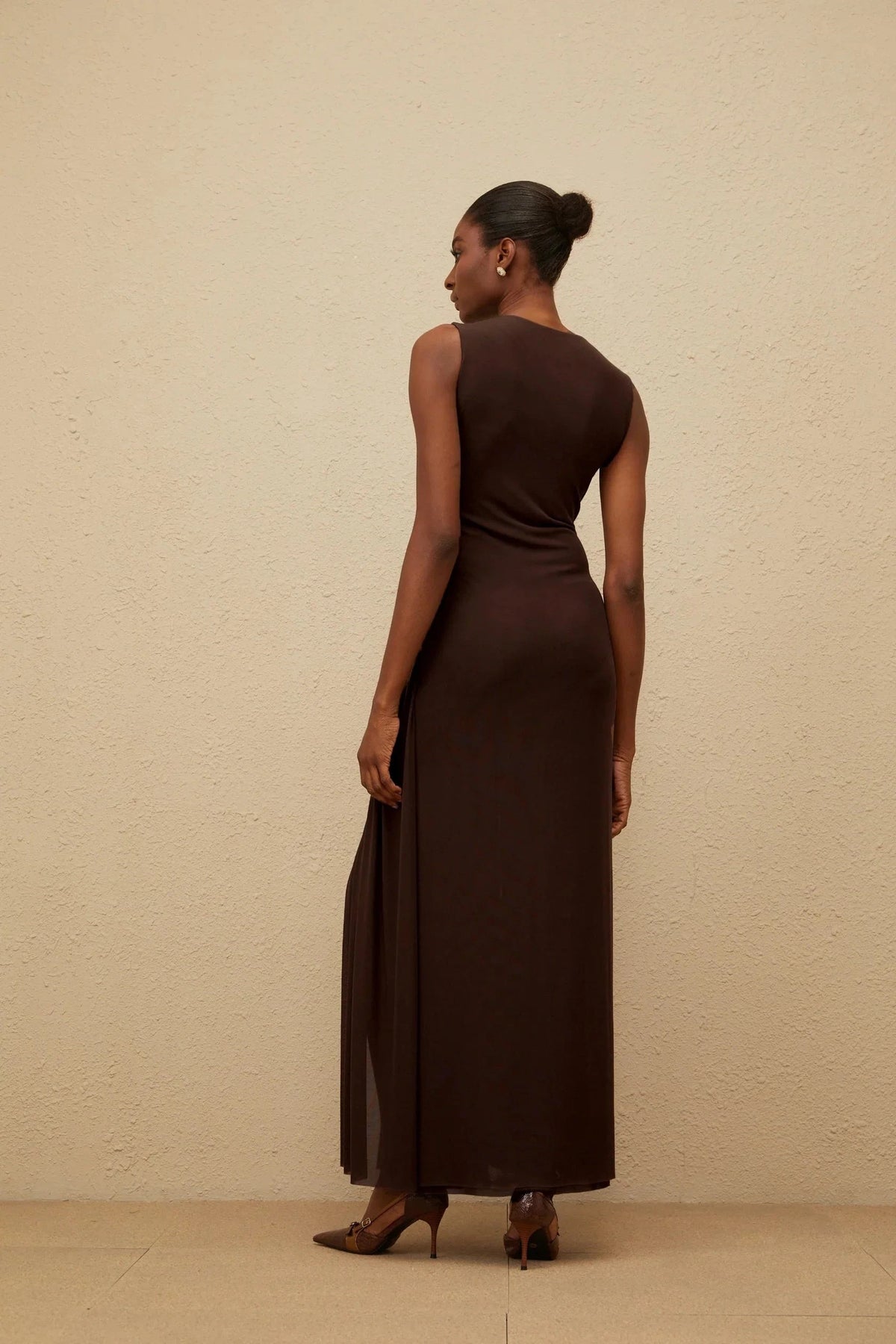 Brown Sleeveless Woven Detail Maxi Dress with High Slit Brown Asymmetrical Braided Tulle Midi Dress Evening Dress by YiHuiw