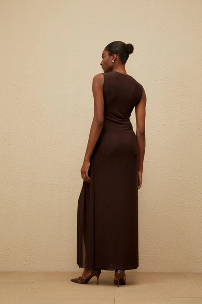 Brown Sleeveless Woven Detail Maxi Dress with High Slit Brown Asymmetrical Braided Tulle Midi Dress Evening Dress by YiHuiw