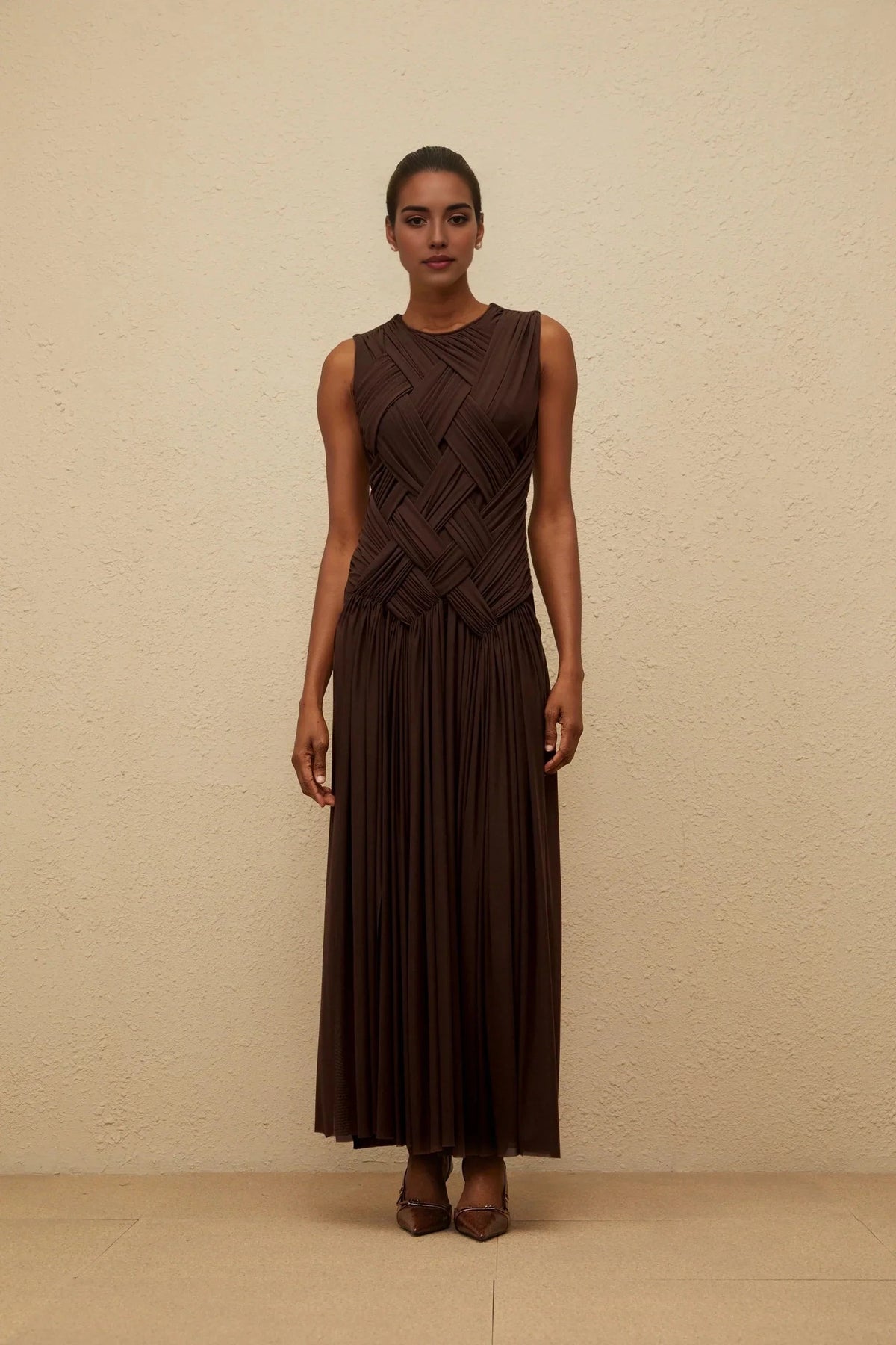 Brown Sleeveless Woven Detail Maxi Dress with High Slit Brown Asymmetrical Braided Tulle Midi Dress Evening Dress by YiHuiw