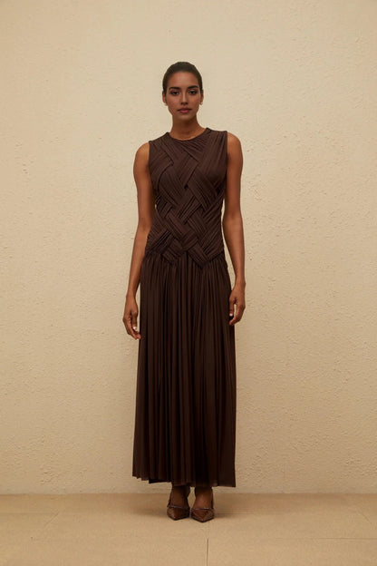 Brown Sleeveless Woven Detail Maxi Dress with High Slit Brown Asymmetrical Braided Tulle Midi Dress Evening Dress by YiHuiw