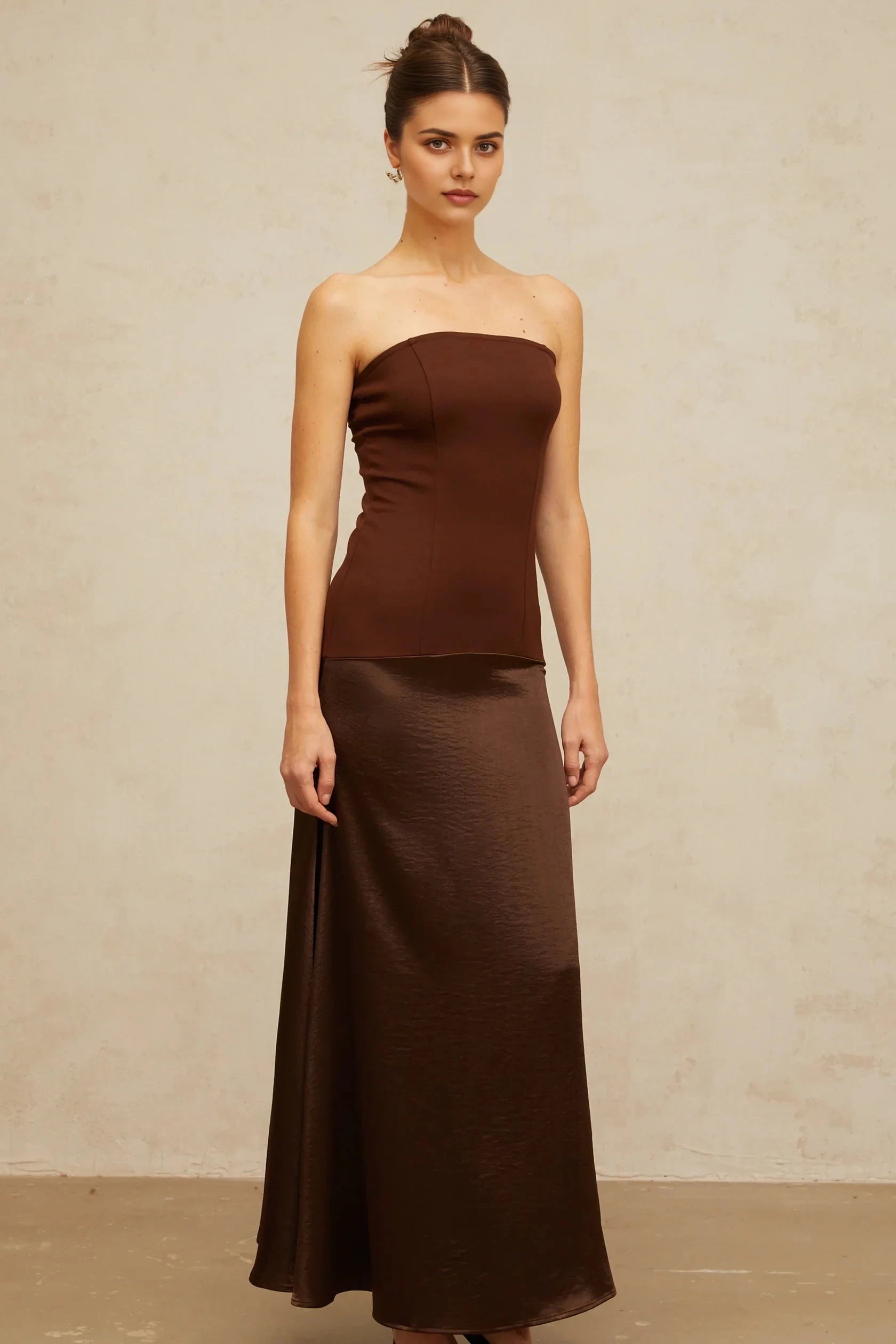Brown Strapless Satin Maxi Dress brown off-shoulder satin-panel maxi dress Evening Dress by YiHuiw