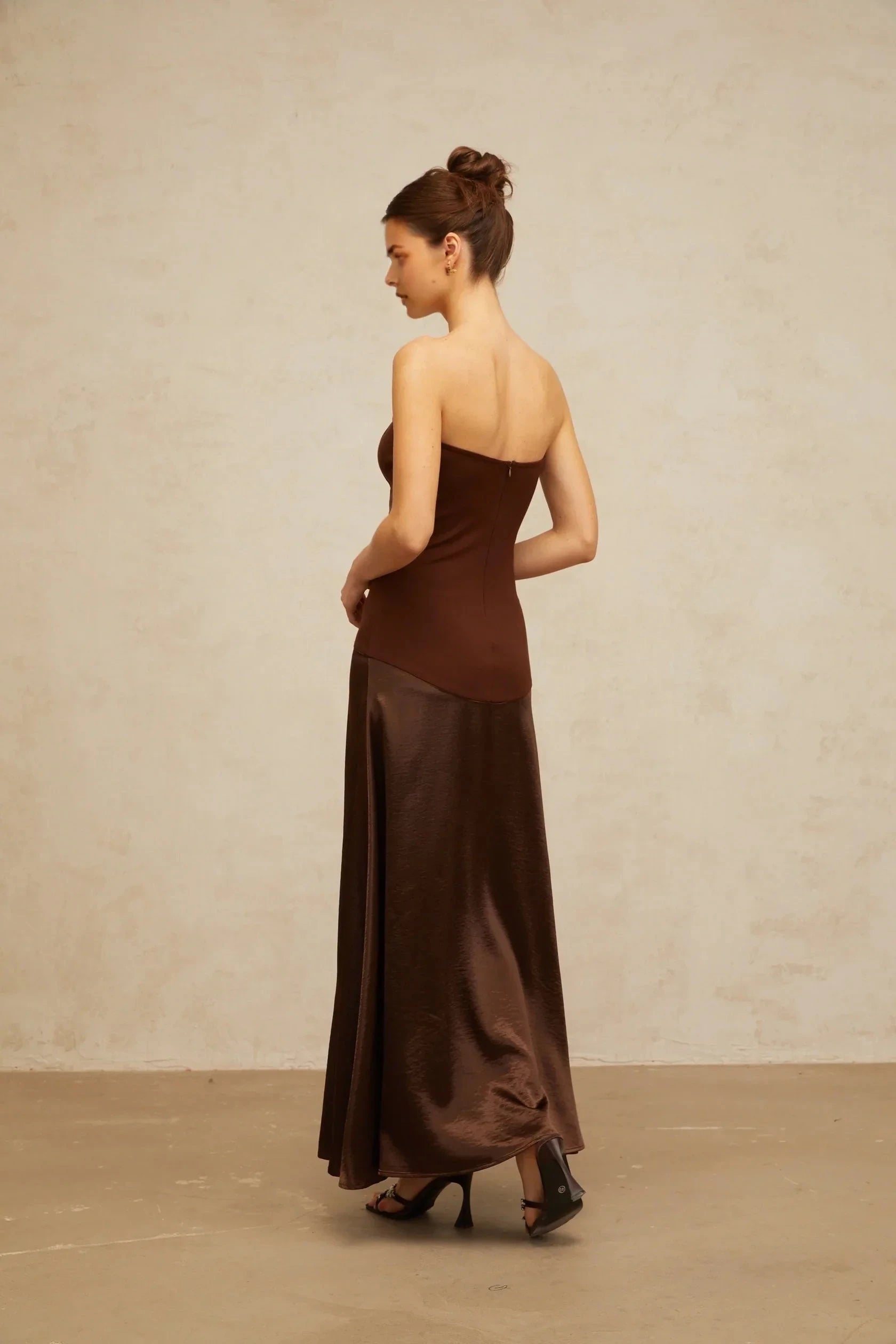 Brown Strapless Satin Maxi Dress brown off-shoulder satin-panel maxi dress Evening Dress by YiHuiw