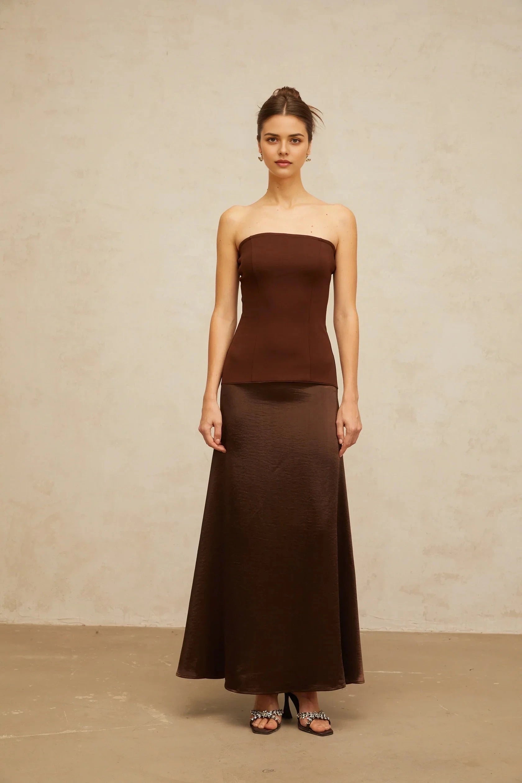 Brown Strapless Satin Maxi Dress brown off-shoulder satin-panel maxi dress Evening Dress by YiHuiw