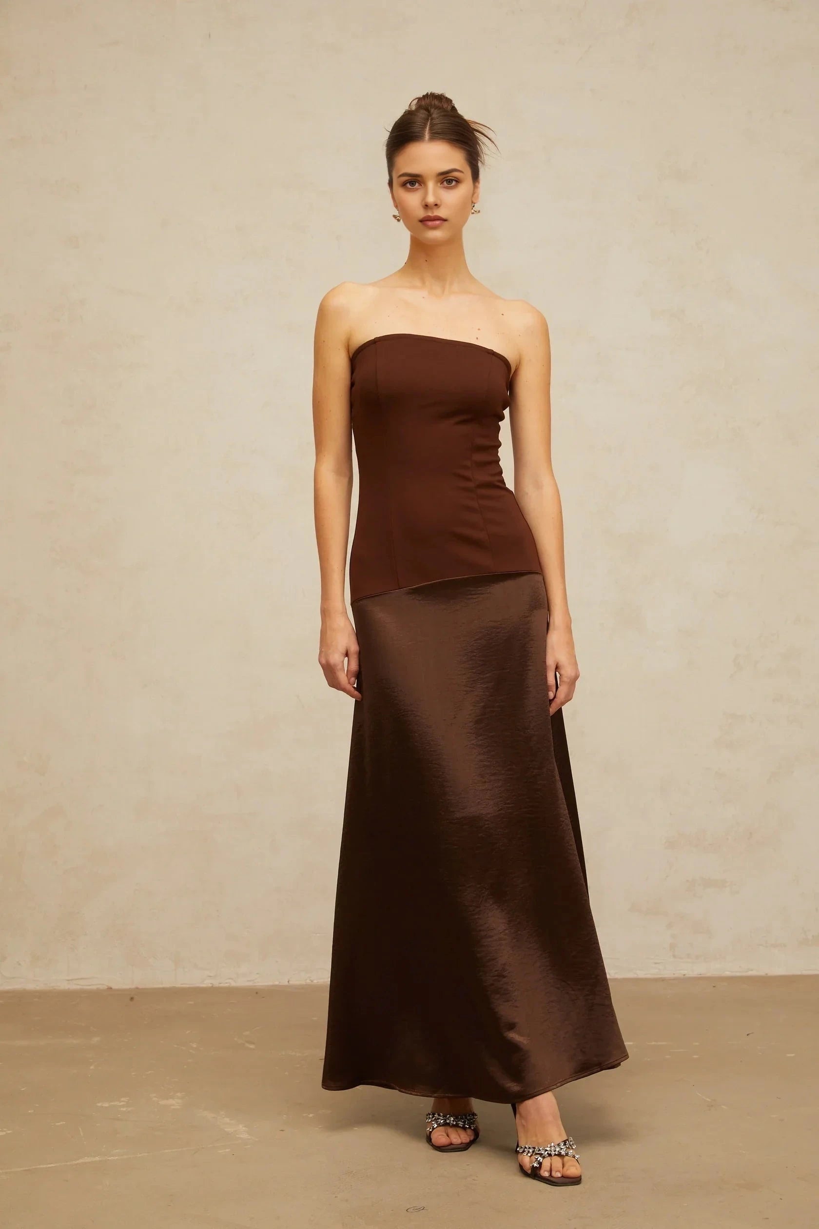Brown Strapless Satin Maxi Dress brown off-shoulder satin-panel maxi dress Evening Dress by YiHuiw