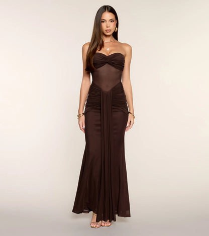 Brown Mermaid Strapless Mesh Ruched Floor-Length Wedding Dress - Yihuiw by Yihuiw