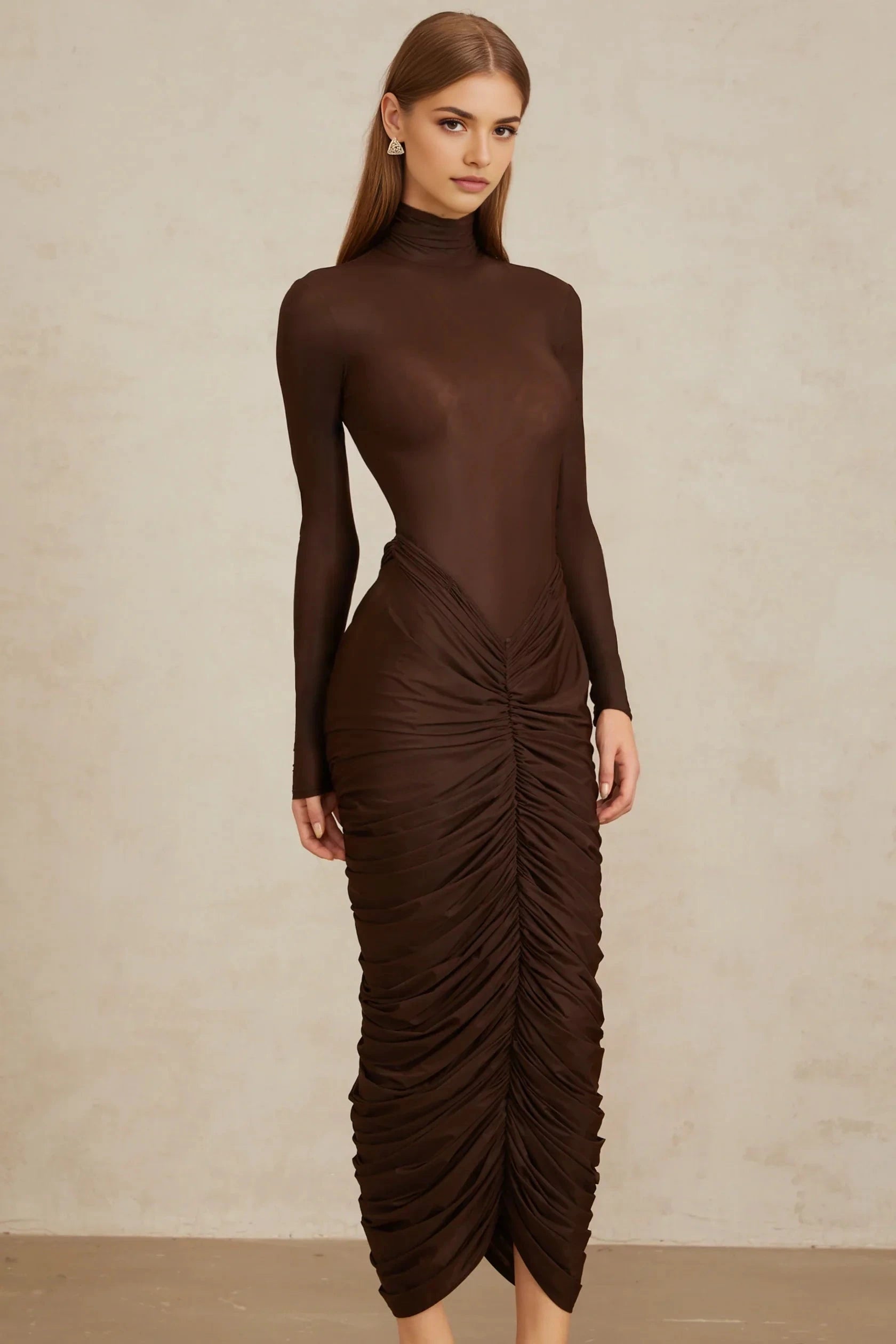 Brown Turtleneck Ruched Midi Dress Brown Fitted Ruched Midi Dress Evening Dress by YiHuiw