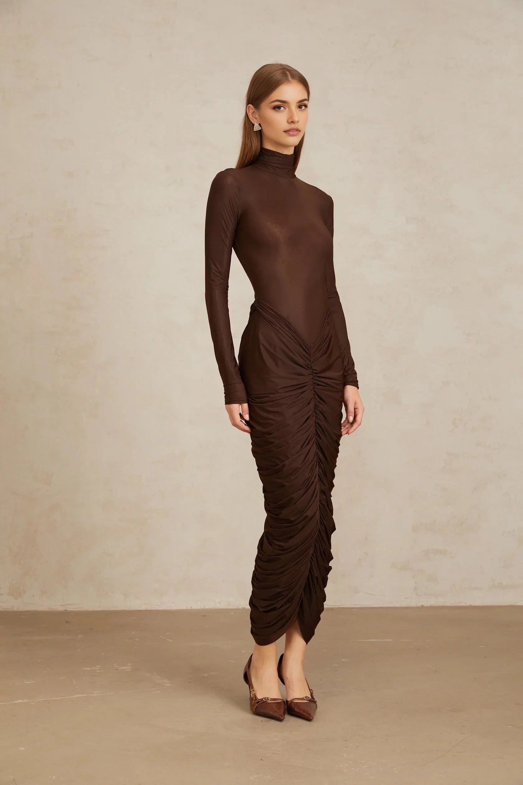 Brown Turtleneck Ruched Midi Dress Brown Fitted Ruched Midi Dress Evening Dress by YiHuiw
