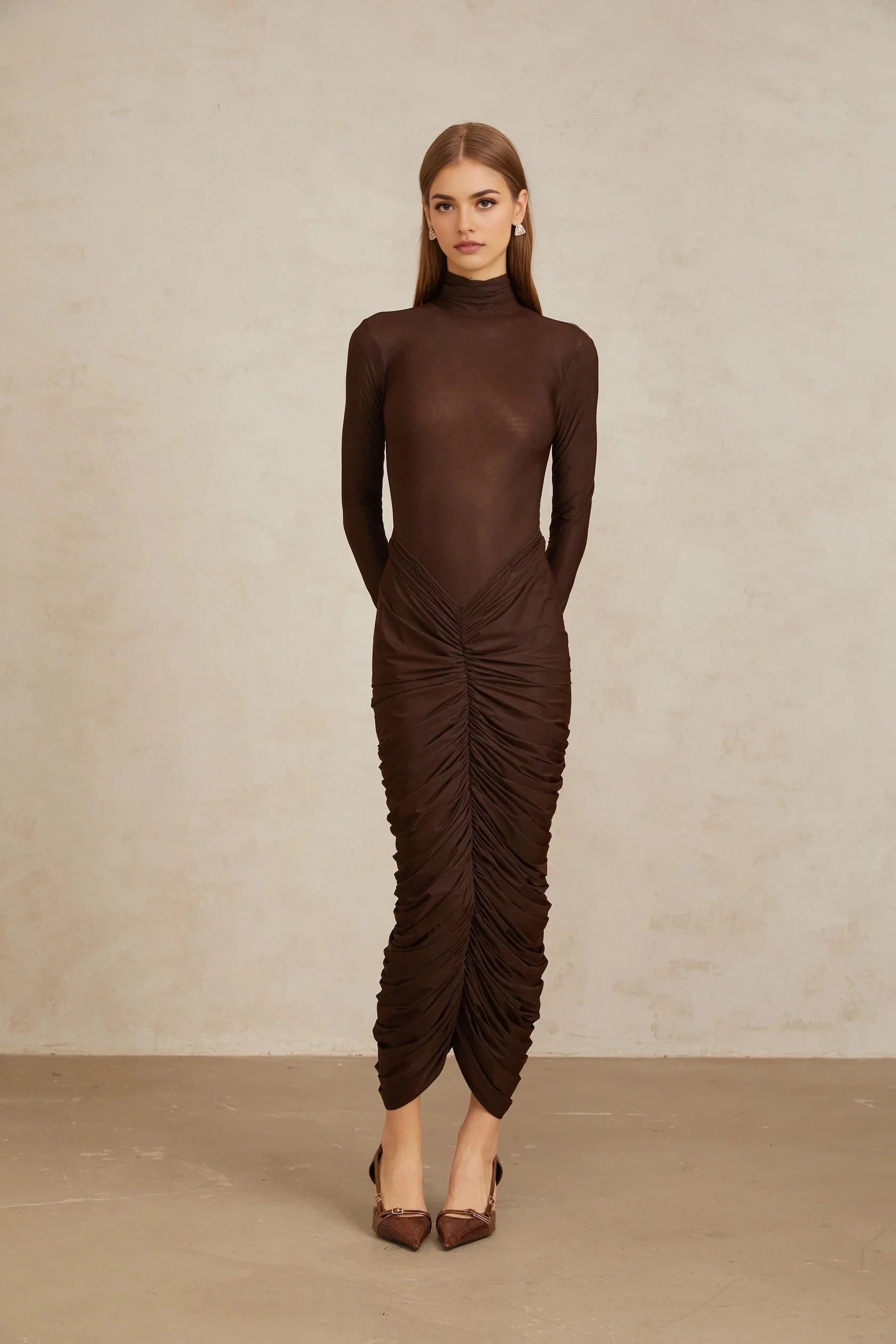 Brown Turtleneck Ruched Midi Dress Brown Fitted Ruched Midi Dress Evening Dress by YiHuiw