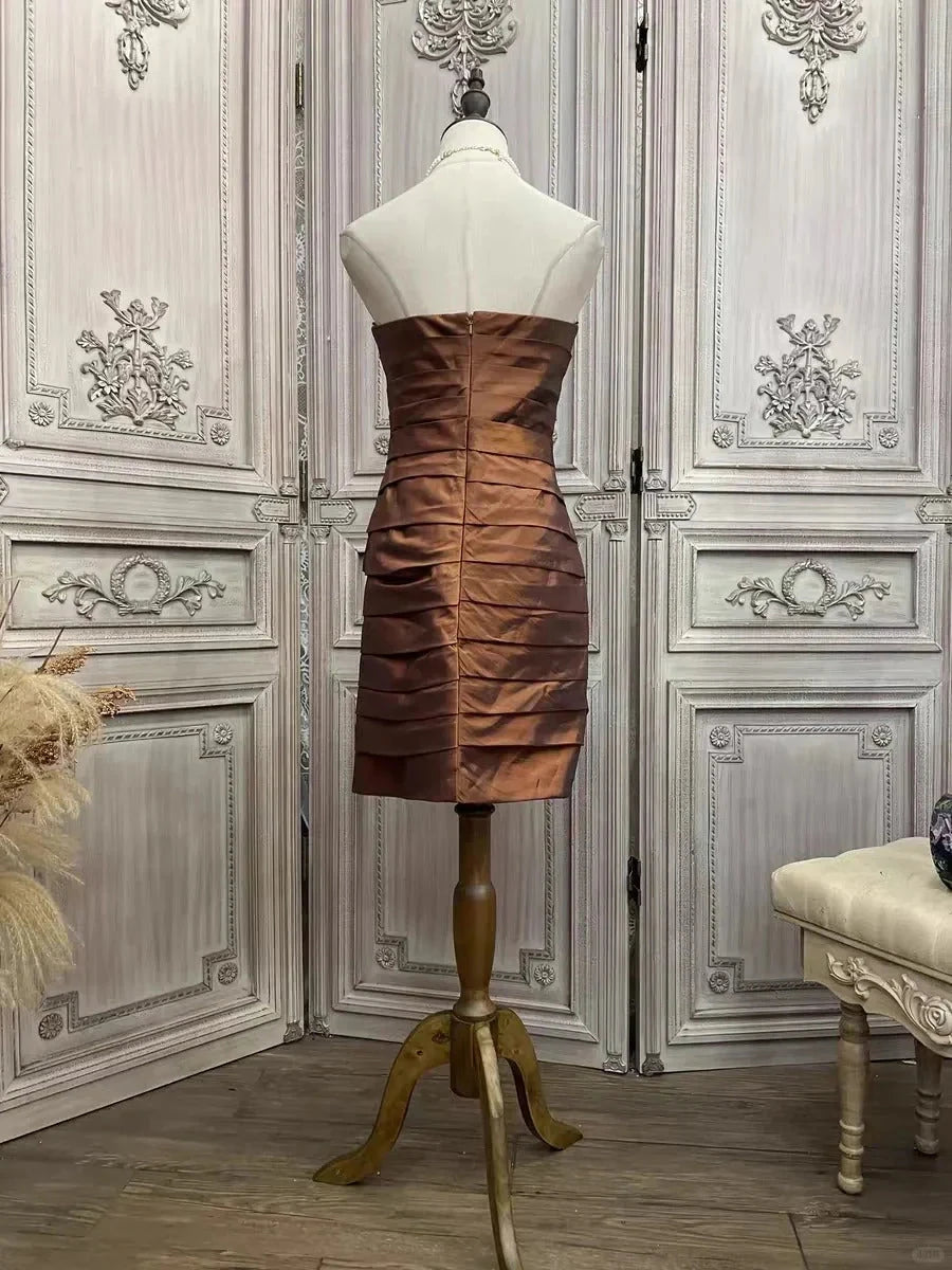 Brown rhinestone short satin homecoming dress prom party dress simple gentle atmospheric and unique desi Bring summer colors to enhance whiteness by YiHuiw