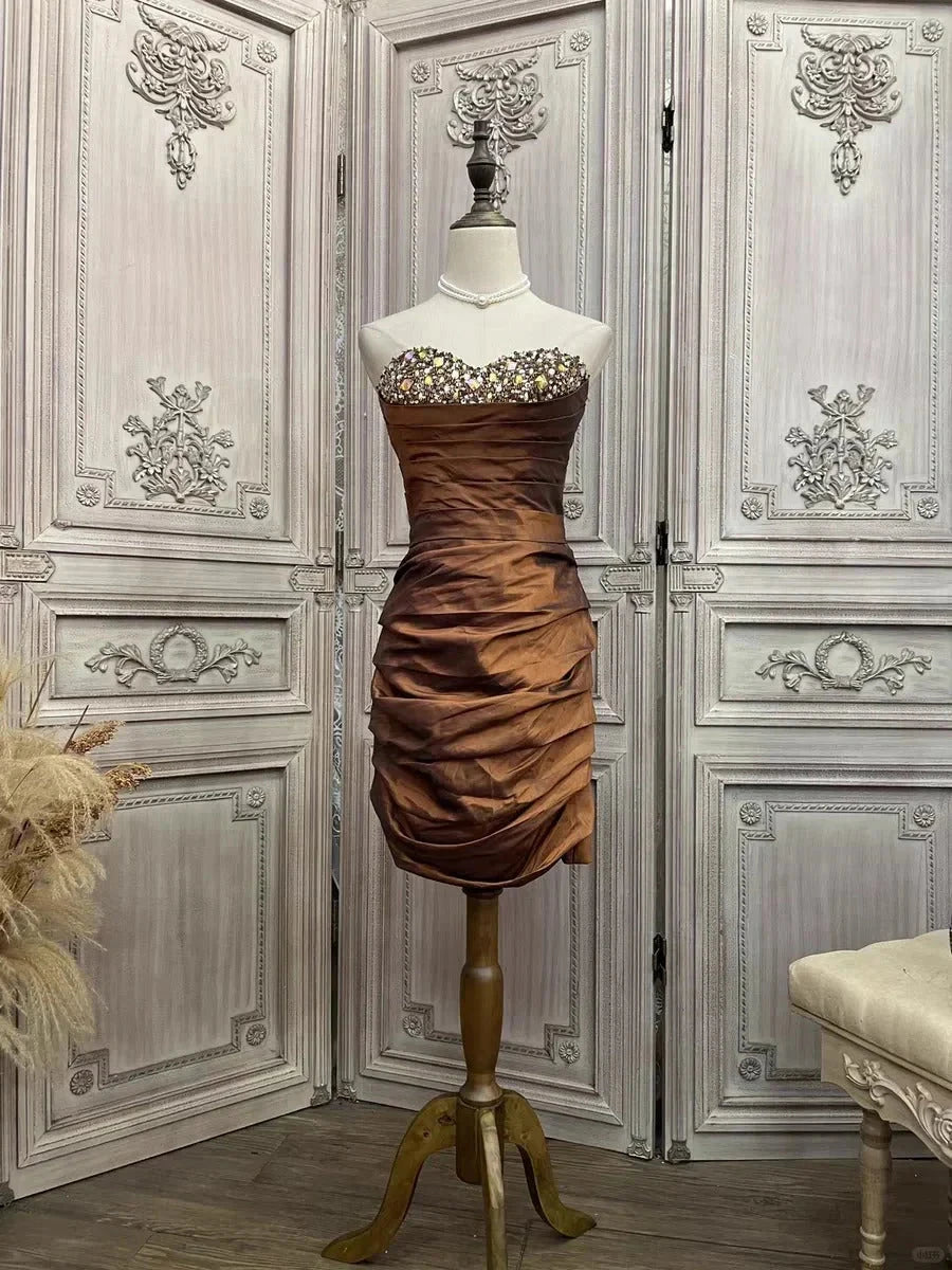 Brown rhinestone short satin homecoming dress prom party dress simple gentle atmospheric and unique desi Bring summer colors to enhance whiteness by YiHuiw