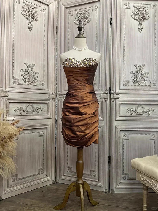 Brown rhinestone short satin homecoming dress prom party dress simple gentle atmospheric and unique desi Bring summer colors to enhance whiteness by YiHuiw