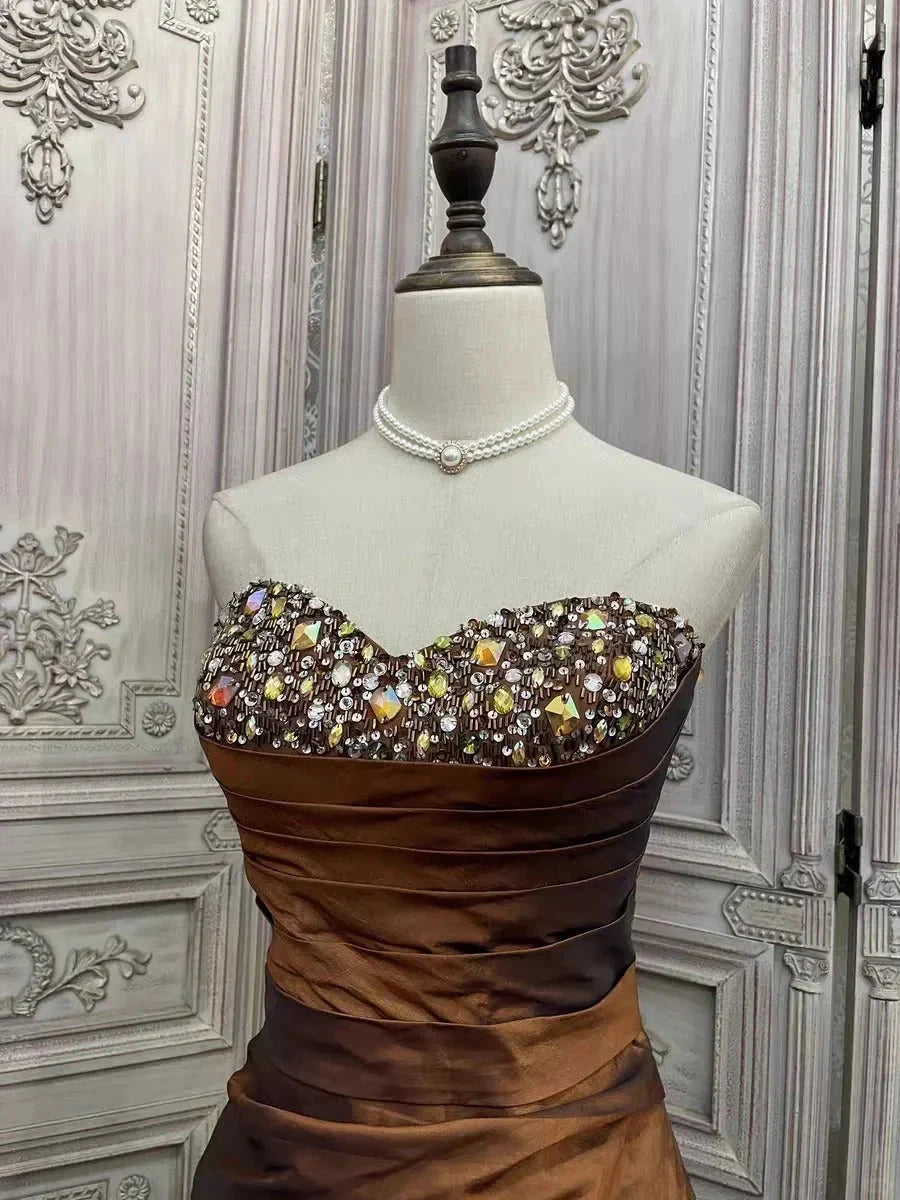 Brown rhinestone short satin homecoming dress prom party dress simple gentle atmospheric and unique desi Bring summer colors to enhance whiteness by YiHuiw