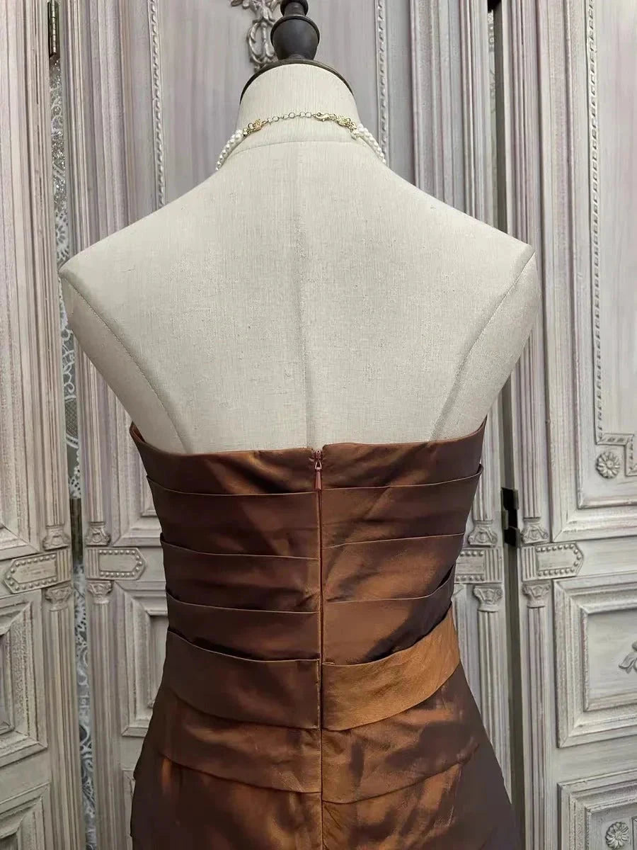 Brown rhinestone short satin homecoming dress prom party dress simple gentle atmospheric and unique desi Bring summer colors to enhance whiteness by YiHuiw