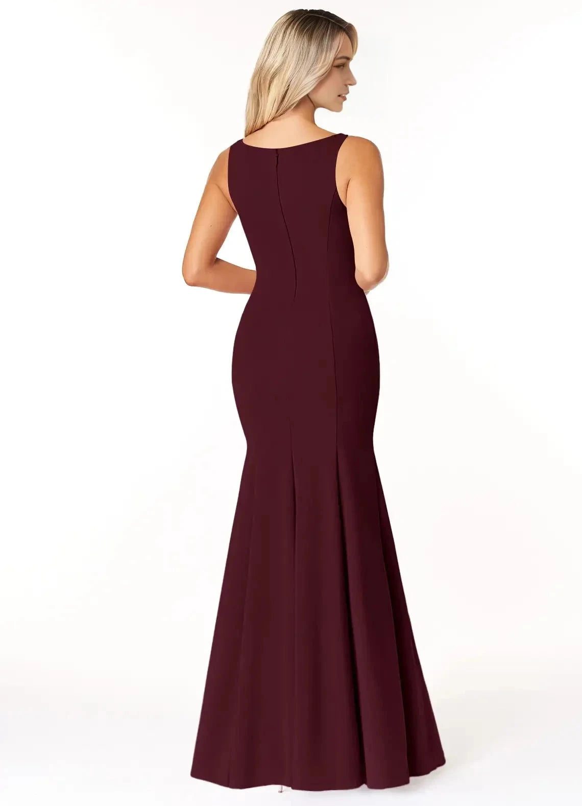 Burgundy Boat Neck Sleeveless Maxi Dress with Side Slit Cabernet Mermaid Scoop Side Slit Stretch Crepe Dress Bridesmaid Dresses by YiHuiw