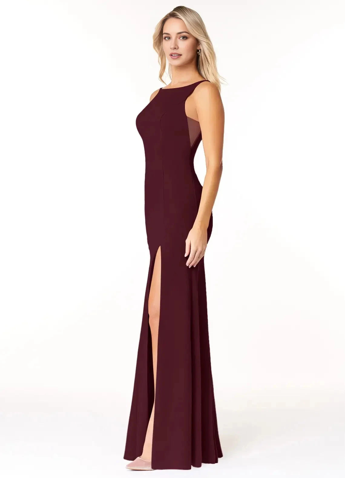 Burgundy Boat Neck Sleeveless Maxi Dress with Side Slit Cabernet Mermaid Scoop Side Slit Stretch Crepe Dress Bridesmaid Dresses by YiHuiw