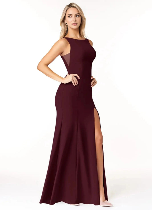 Burgundy Boat Neck Sleeveless Maxi Dress with Side Slit Cabernet Mermaid Scoop Side Slit Stretch Crepe Dress Bridesmaid Dresses by YiHuiw