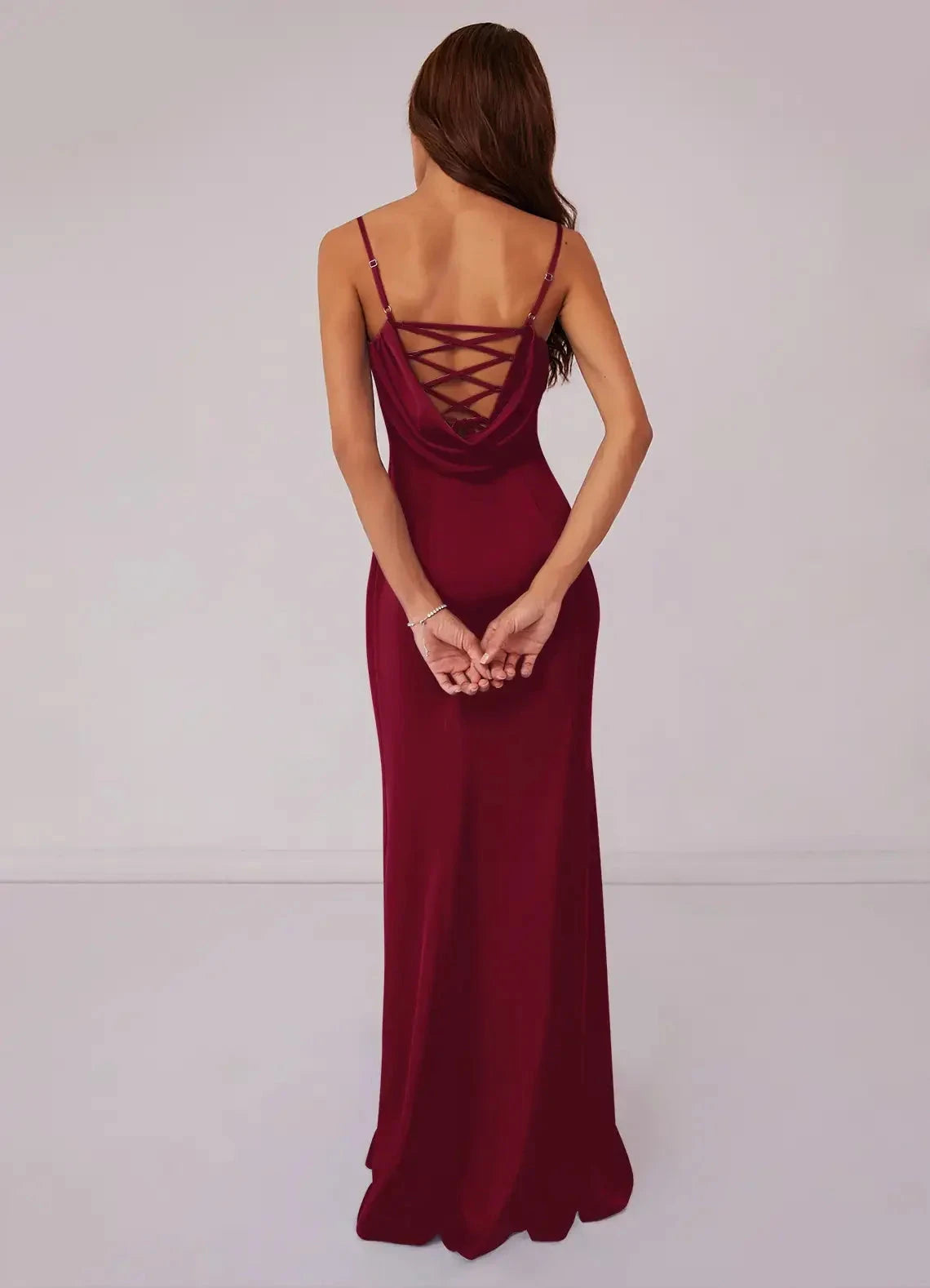 Burgundy Cowl Neck Maxi Dress with Side Slit and Crisscross Back Burgundy Mermaid Corset Stretch Satin Dress Burgundy Bridesmaid Dresses by YiHuiw