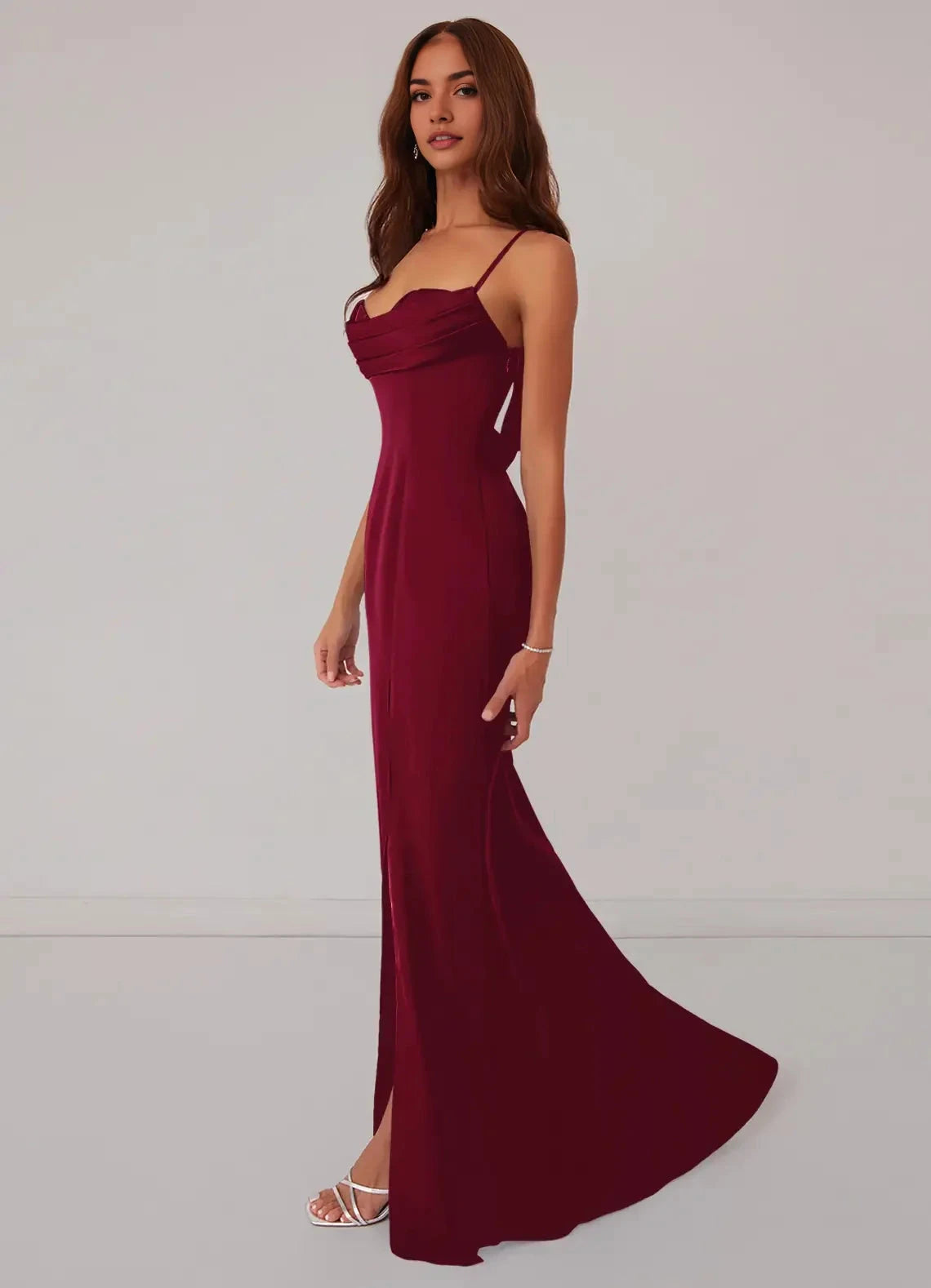 Burgundy Cowl Neck Maxi Dress with Side Slit and Crisscross Back Burgundy Mermaid Corset Stretch Satin Dress Burgundy Bridesmaid Dresses by YiHuiw
