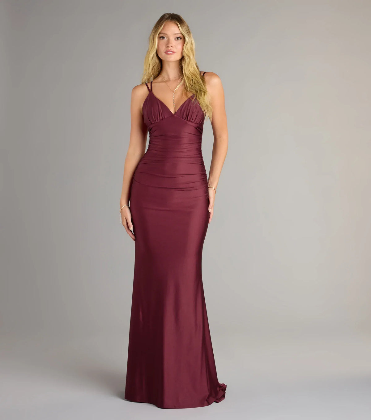 Burgundy Mermaid V-Neck Lace Lace-Up Back Ruched Floor-Length Wedding Dress - Yihuiw by Yihuiw