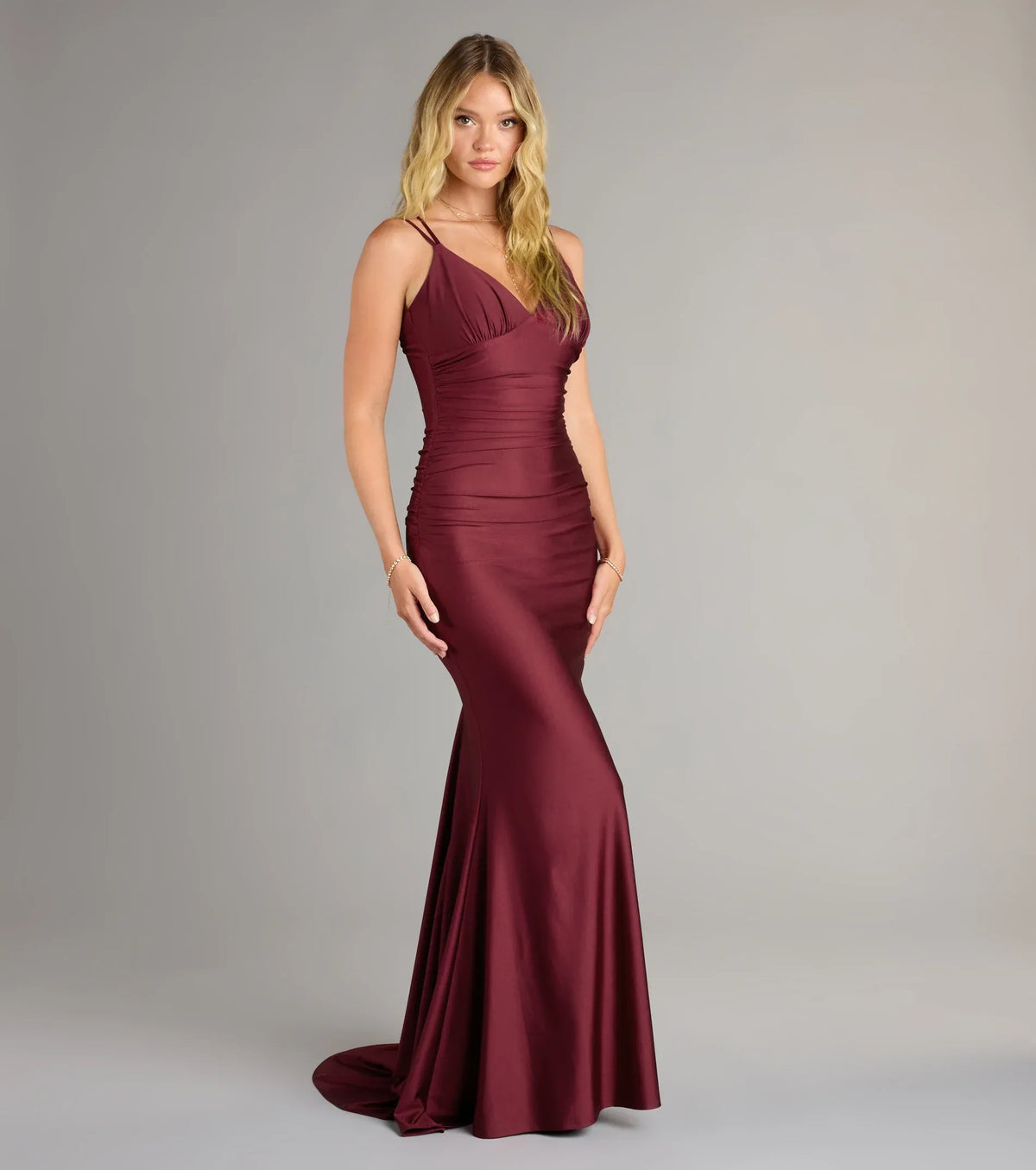 Burgundy Mermaid V-Neck Lace Lace-Up Back Ruched Floor-Length Wedding Dress - Yihuiw by Yihuiw