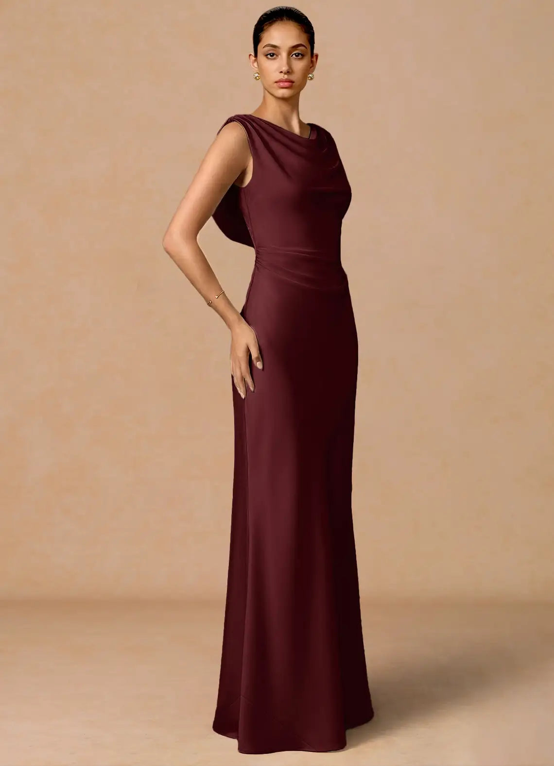 Burgundy Mermaid Cowl Neck Satin Sleeveless Floor-Length Wedding Dress - Yihuiw by Yihuiw