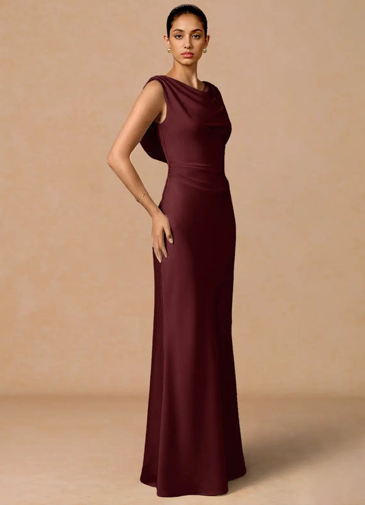 Burgundy Mermaid Cowl Neck Satin Sleeveless Floor-Length Wedding Dress - Yihuiw by Yihuiw