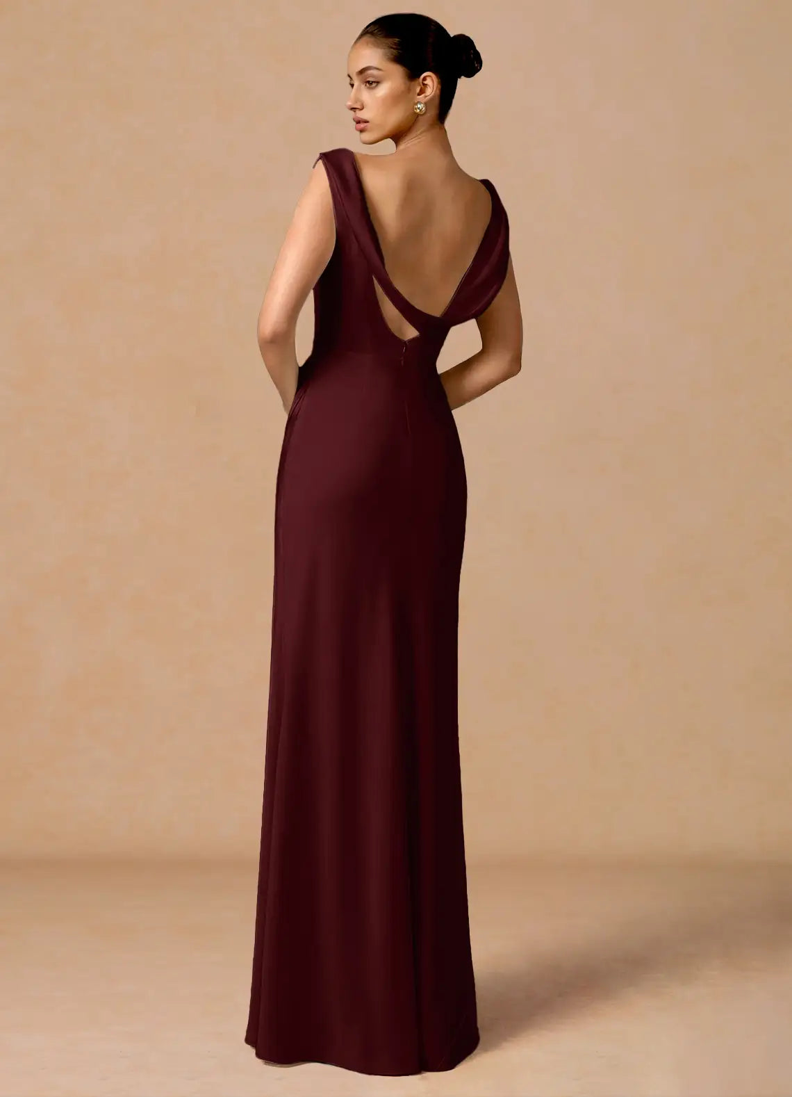 Burgundy Mermaid Cowl Neck Satin Sleeveless Floor-Length Wedding Dress - Yihuiw by Yihuiw