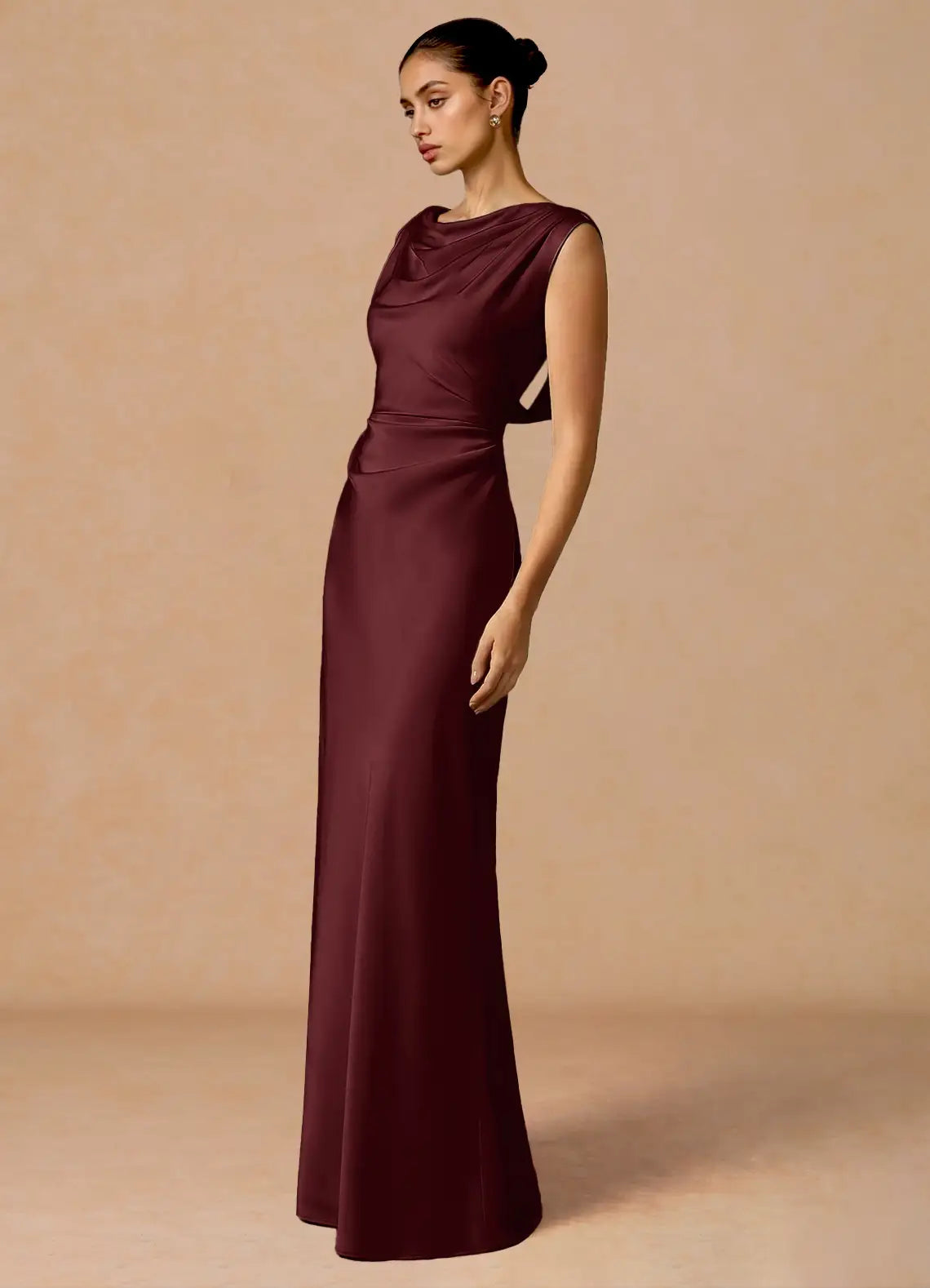 Burgundy Mermaid Cowl Neck Satin Sleeveless Floor-Length Wedding Dress - Yihuiw by Yihuiw