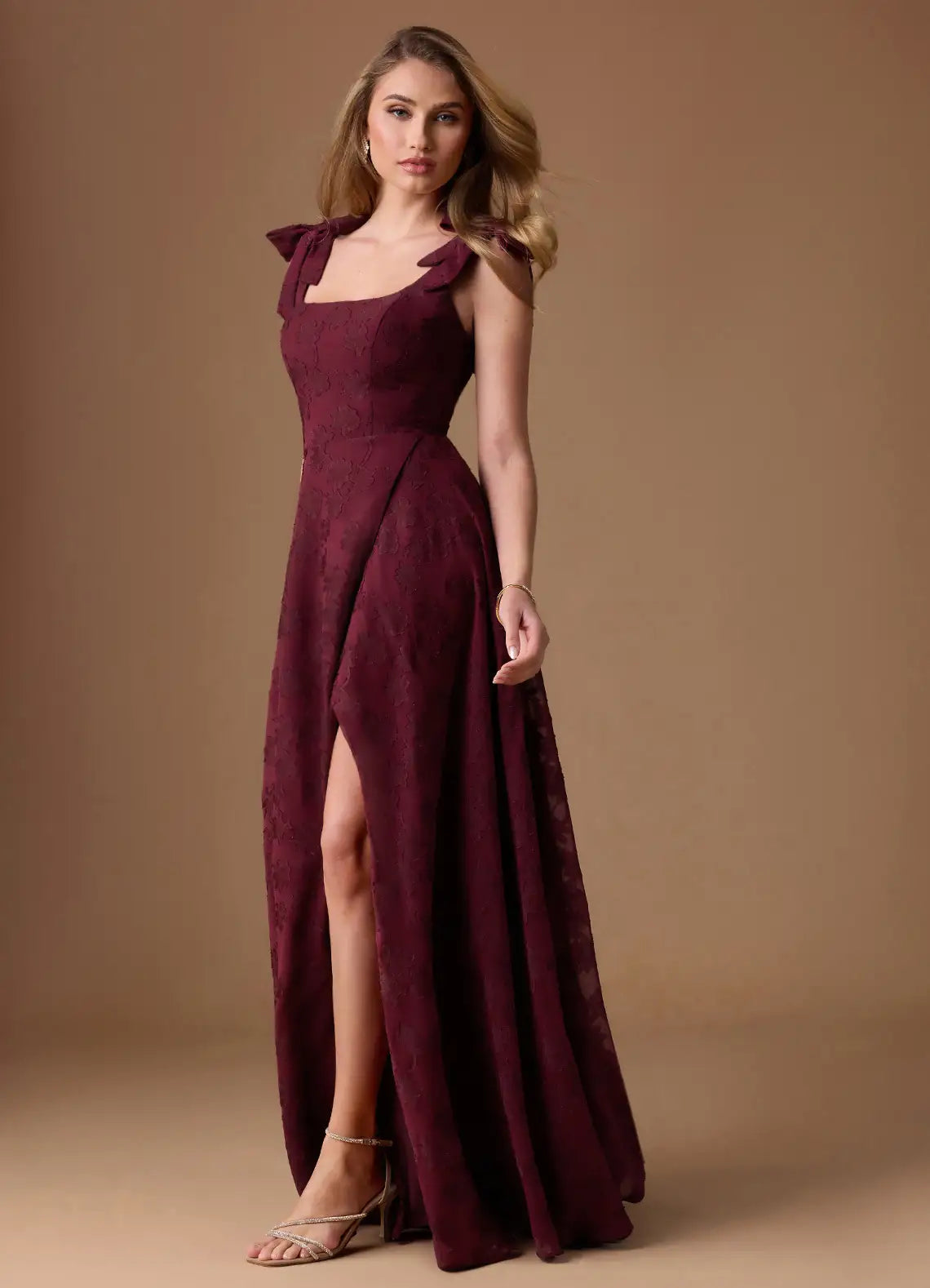 Burgundy A-Line Square Neck Floor-Length Wedding Dress - Yihuiw by Yihuiw