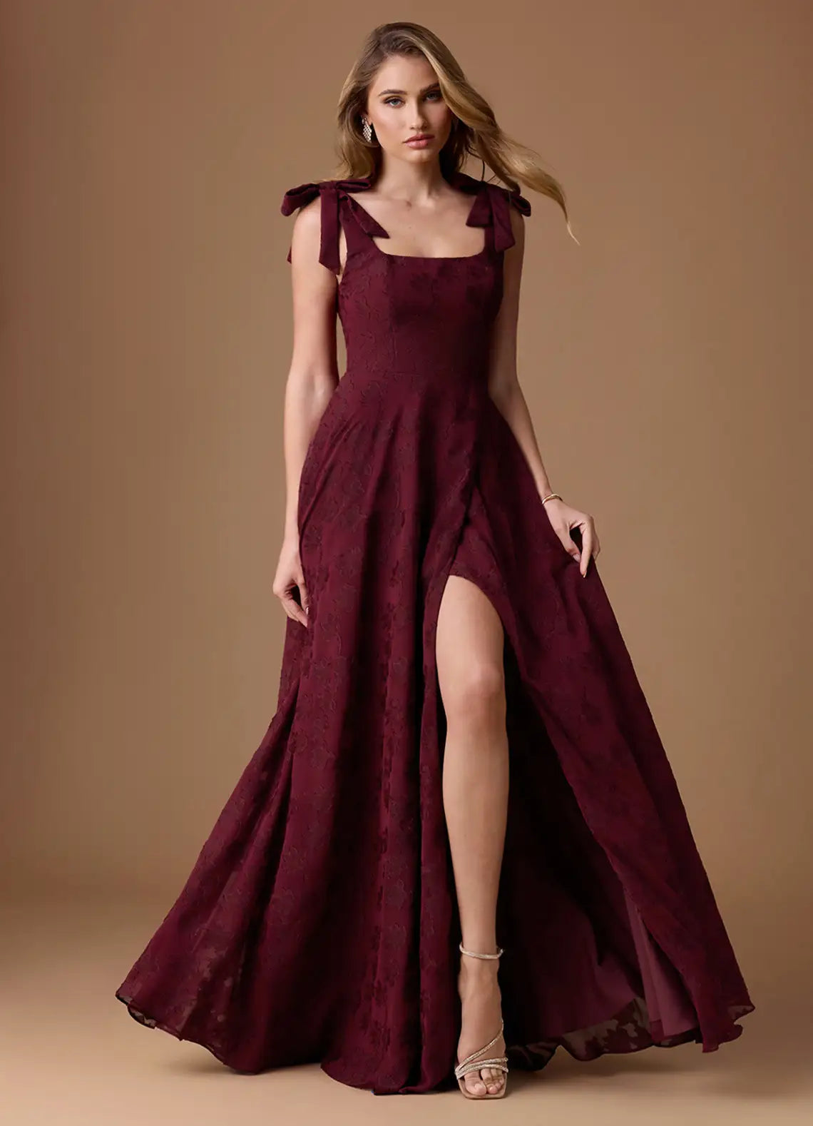 Burgundy A-Line Square Neck Floor-Length Wedding Dress - Yihuiw by Yihuiw