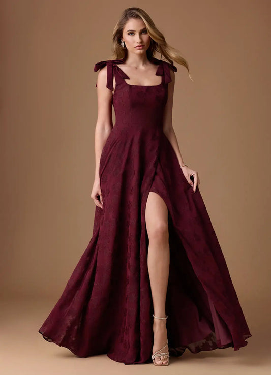 Burgundy A-Line Square Neck Floor-Length Wedding Dress - Yihuiw by Yihuiw