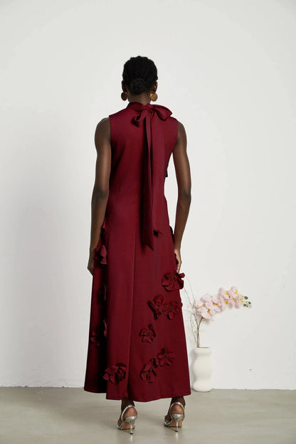 Burgundy Floral Applique Tie - Back Maxi Dress Red Sleeveless Maxi Dress with Faux Flower & Bow-Tie Embellishment Evening Dress by YiHuiw