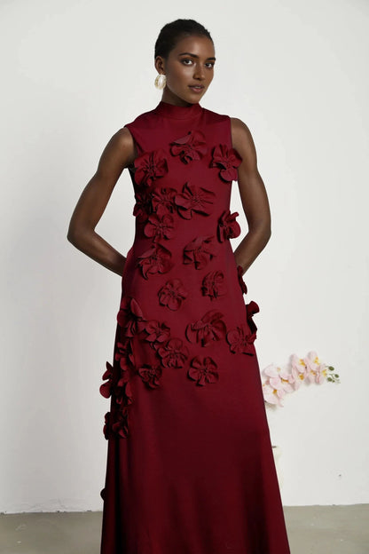 Burgundy Floral Applique Tie - Back Maxi Dress Red Sleeveless Maxi Dress with Faux Flower & Bow-Tie Embellishment Evening Dress by YiHuiw