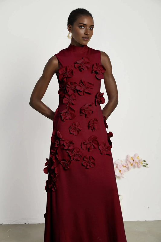 Burgundy Floral Applique Tie - Back Maxi Dress Red Sleeveless Maxi Dress with Faux Flower & Bow-Tie Embellishment Evening Dress by YiHuiw
