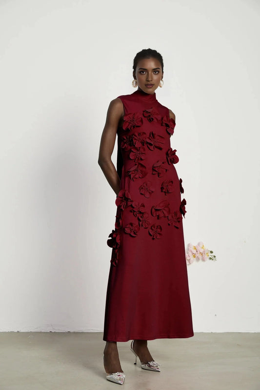 Burgundy Floral Applique Tie - Back Maxi Dress Red Sleeveless Maxi Dress with Faux Flower & Bow-Tie Embellishment Evening Dress by YiHuiw