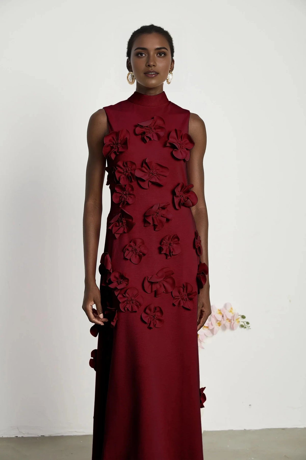 Burgundy Floral Applique Tie - Back Maxi Dress Red Sleeveless Maxi Dress with Faux Flower & Bow-Tie Embellishment Evening Dress by YiHuiw