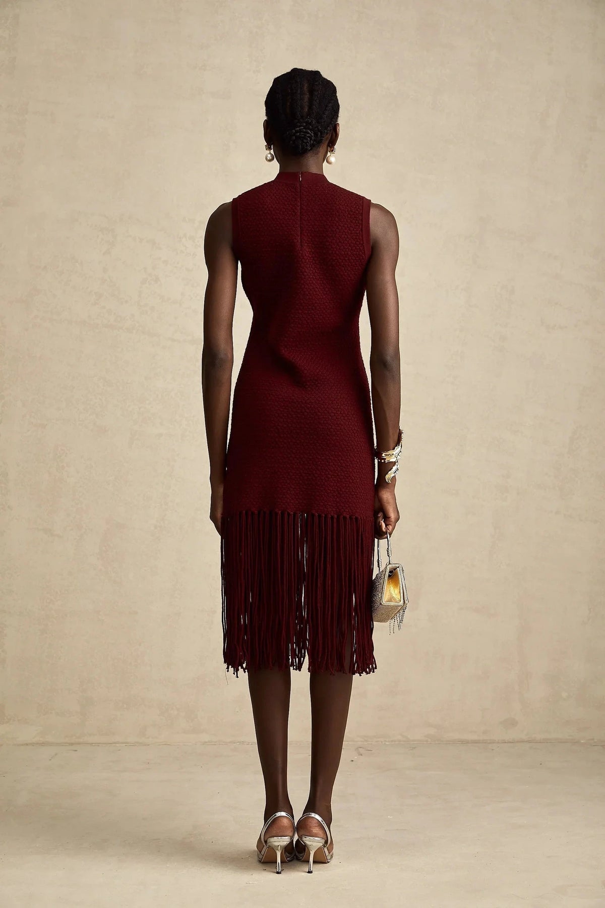 Burgundy Fringe Hem Sleeveless Midi Dress red fringe-detail knitted midi dress Evening Dress by YiHuiw