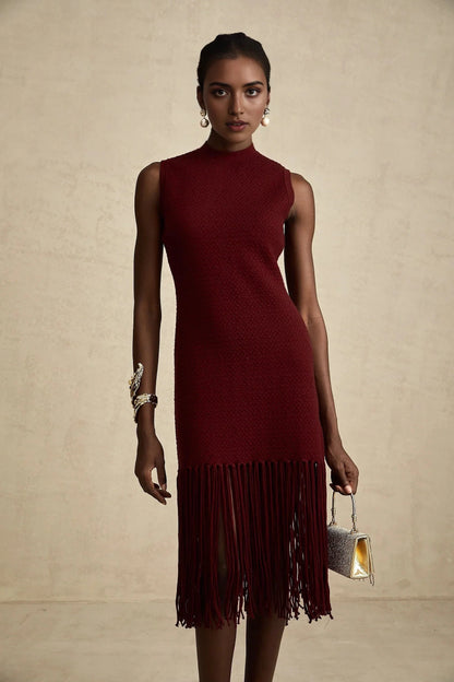 Burgundy Fringe Hem Sleeveless Midi Dress red fringe-detail knitted midi dress Evening Dress by YiHuiw