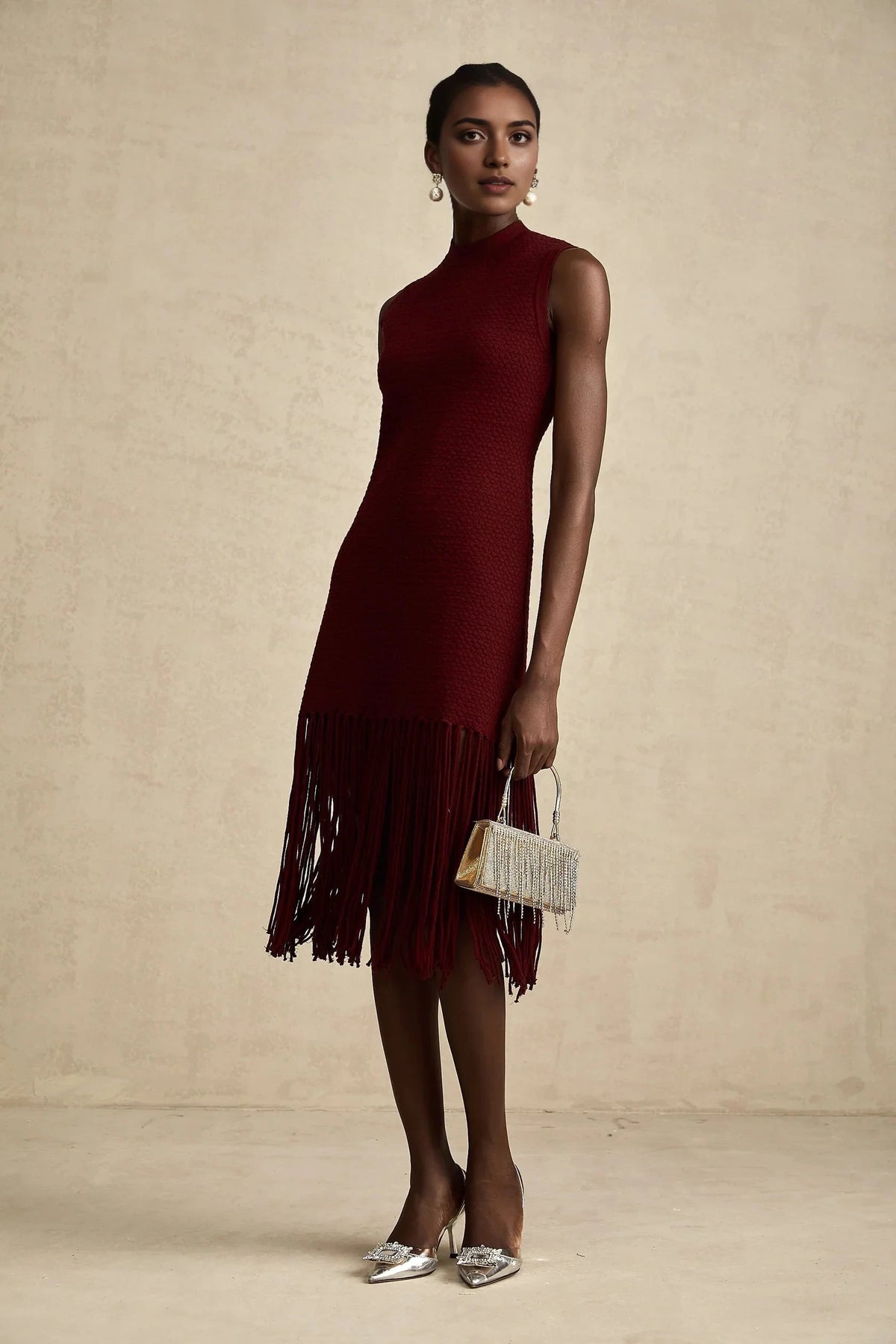 Burgundy Fringe Hem Sleeveless Midi Dress red fringe-detail knitted midi dress Evening Dress by YiHuiw